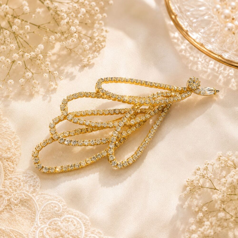Vintage Gold Tone Clear Rhinestone Freeform Statement Brooch
